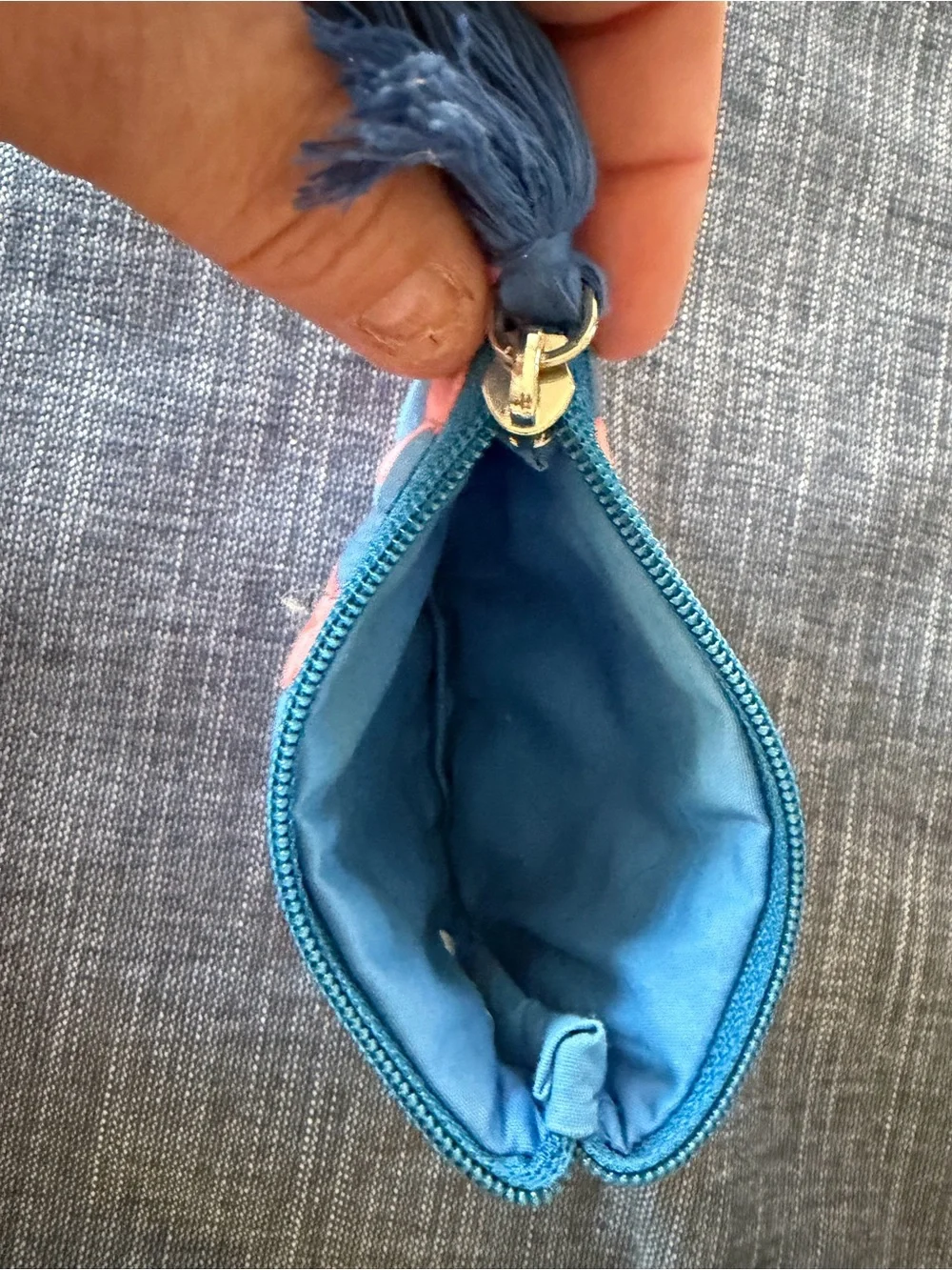 Quilted Blue and Coral Zip Card Holder with Tassel